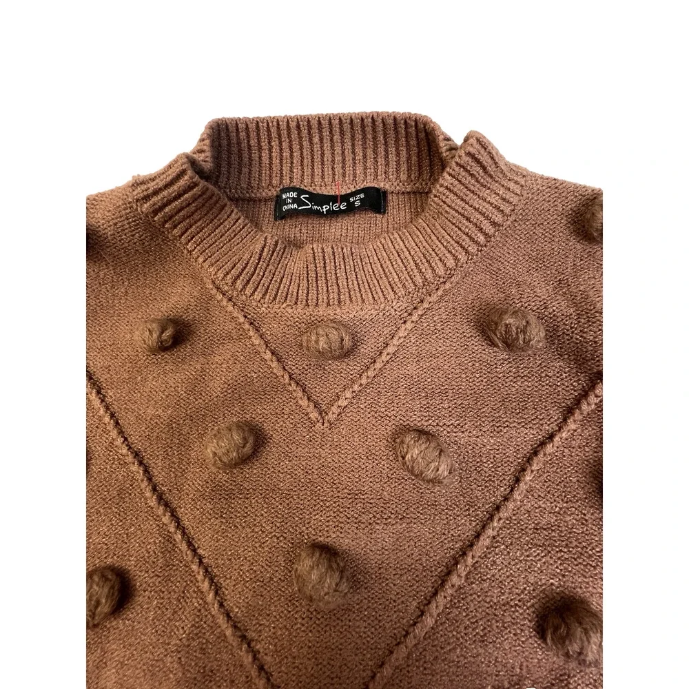 Simplee Sweater Women Small Brown Ball Embellishment Lantern Sleeves Work School